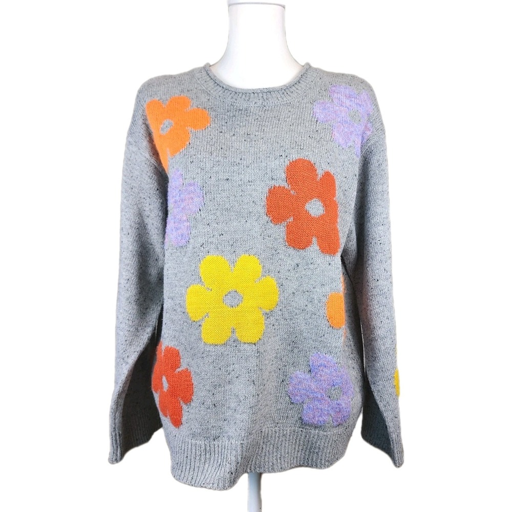 Blank NYC Knit Sweater‎ Womens Medium Gray Orange Yellow Flowers Stretch Casual